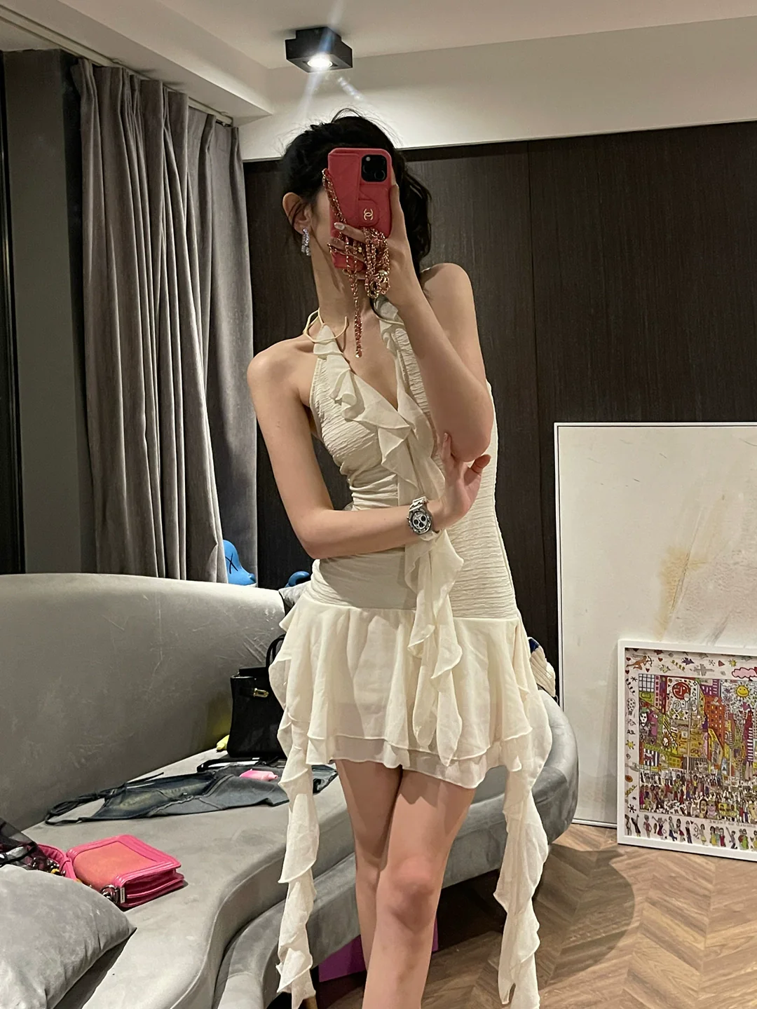 Off-the-Shoulder Pure Desire Ruffles Irregular Hip-Wrapped Dress Halterneck - Image 3