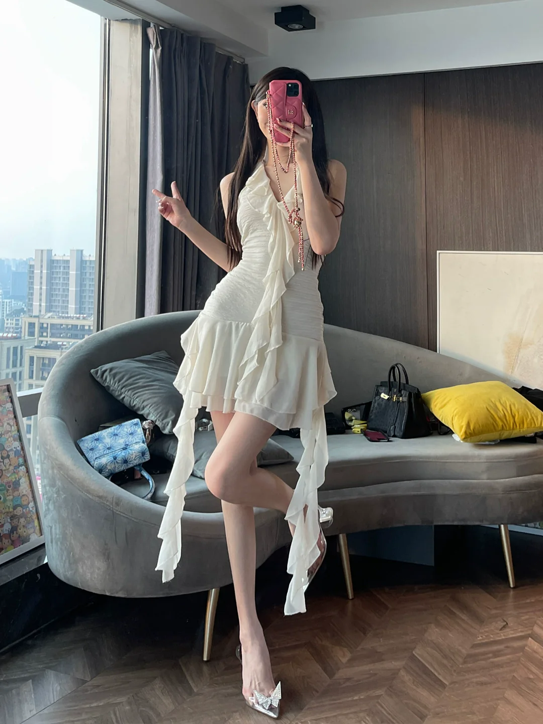 Off-the-Shoulder Pure Desire Ruffles Irregular Hip-Wrapped Dress Halterneck - Image 5