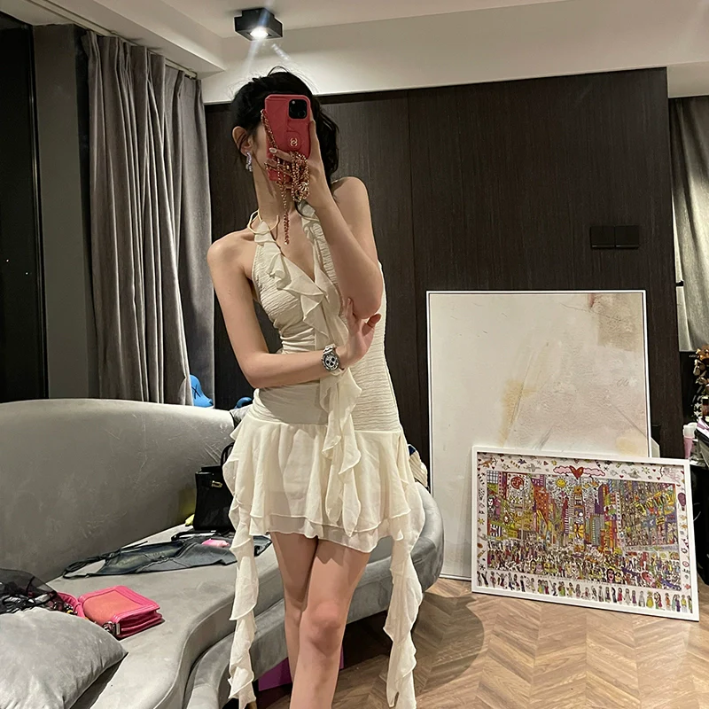 Off-the-Shoulder Pure Desire Ruffles Irregular Hip-Wrapped Dress Halterneck - Image 6