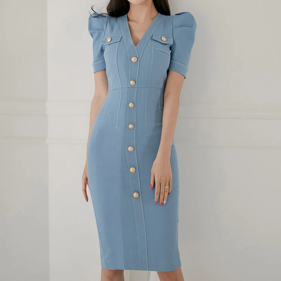 Office Lady Dress 2022 Summer High Waist Tight Dress V-Neck Puff Sleeve Decorated Single-Breasted Button Denim Dress - Image 3