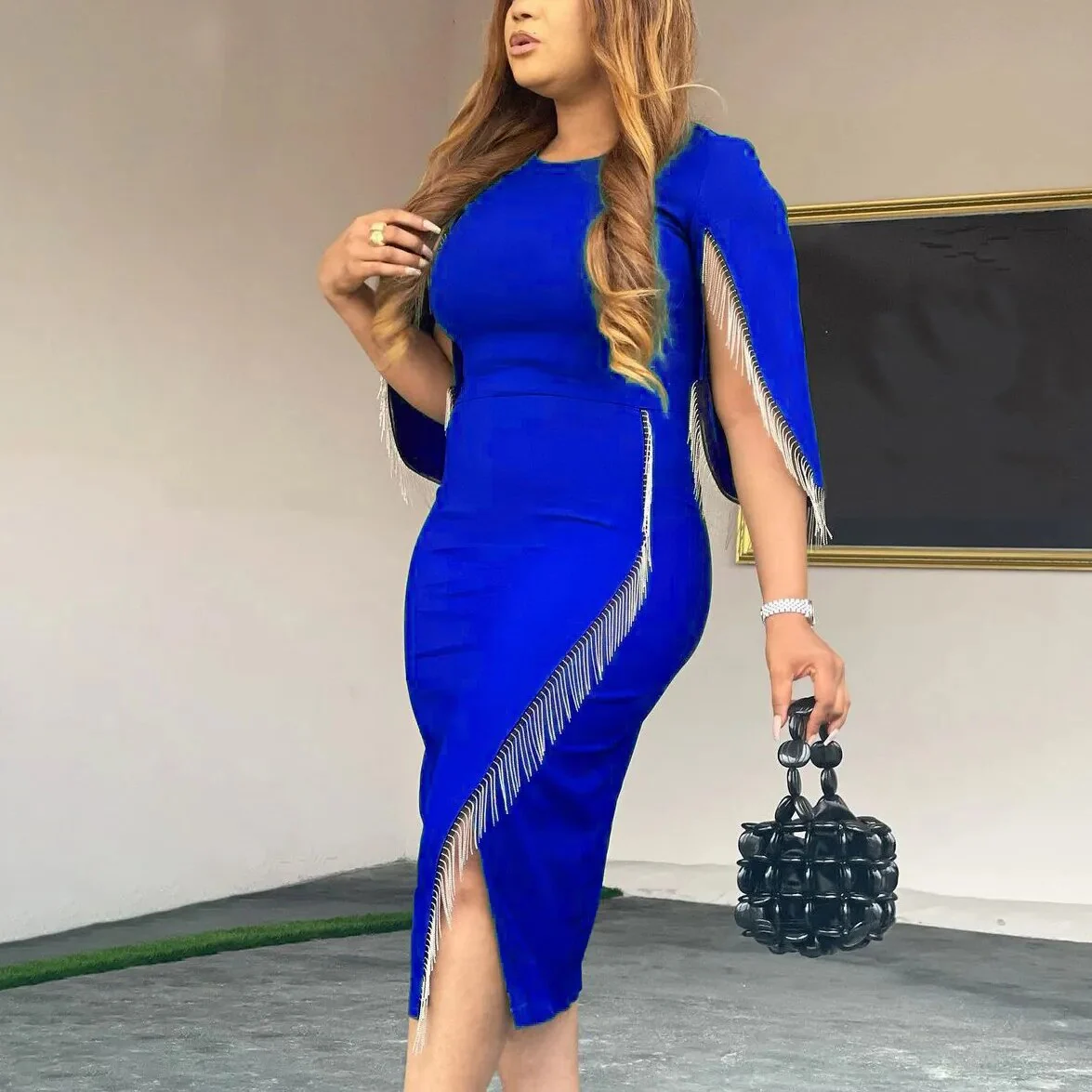 Office Lady Dress New African Style Blue Burgundy Sheath Summer Midi Length Ruffles High Waist Elegant Work Business Dresses Hot - Image 12
