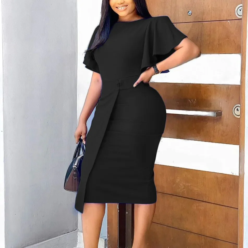 Office Lady Dress New African Style Blue Burgundy Sheath Summer Midi Length Ruffles High Waist Elegant Work Business Dresses Hot - Image 13