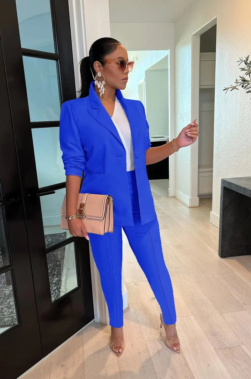 Office Lady Solid Blazer Suit Elegant Two Piece Set Single Button Long Sleeve Coat Pencil Pants Fashion Business Work Uniforms - Image 2
