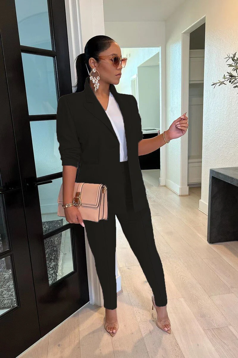 Office Lady Solid Blazer Suit Elegant Two Piece Set Single Button Long Sleeve Coat Pencil Pants Fashion Business Work Uniforms - Image 4