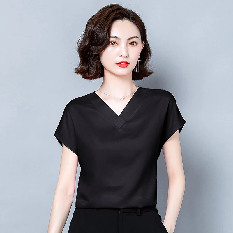 Office Lady Solid V-neck Blouse Women Summer 2023 Short Sleeve Casual Silk Satin Shirts Casual M-4XL Loose Tops Clothes 10297 - Image 5