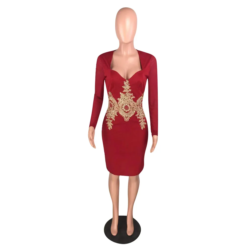 OKAYOASIS Office Lady V-neck Long Sleeve Bodycon Appliques Peplum Dress Elegant Blue Party Dress Vestdos - Image 6