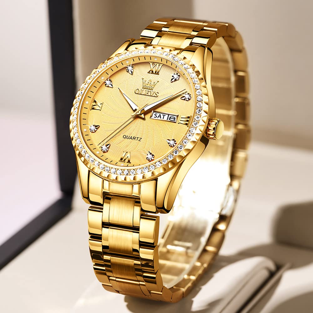 OLEVS Gold Mens Watch with Day Date Luxury Stainless Steel Men Watches Big Face Watches for Men Diamond Waterproof Dress Quartz Analog Round Men's Wrist Watches Gifts for Him Reloj De Hombre Luminous - Image 2