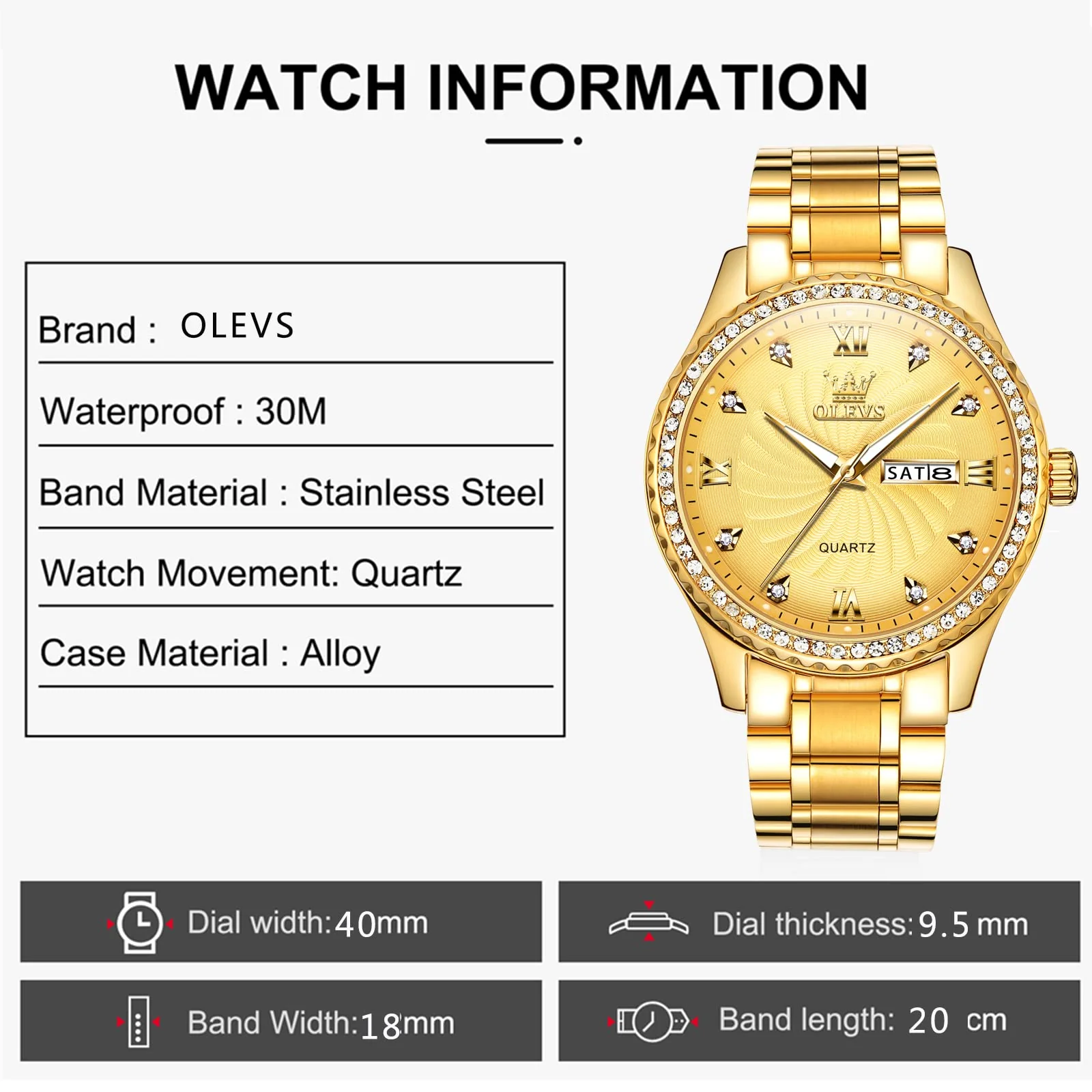 OLEVS Gold Mens Watch with Day Date Luxury Stainless Steel Men Watches Big Face Watches for Men Diamond Waterproof Dress Quartz Analog Round Men's Wrist Watches Gifts for Him Reloj De Hombre Luminous - Image 6