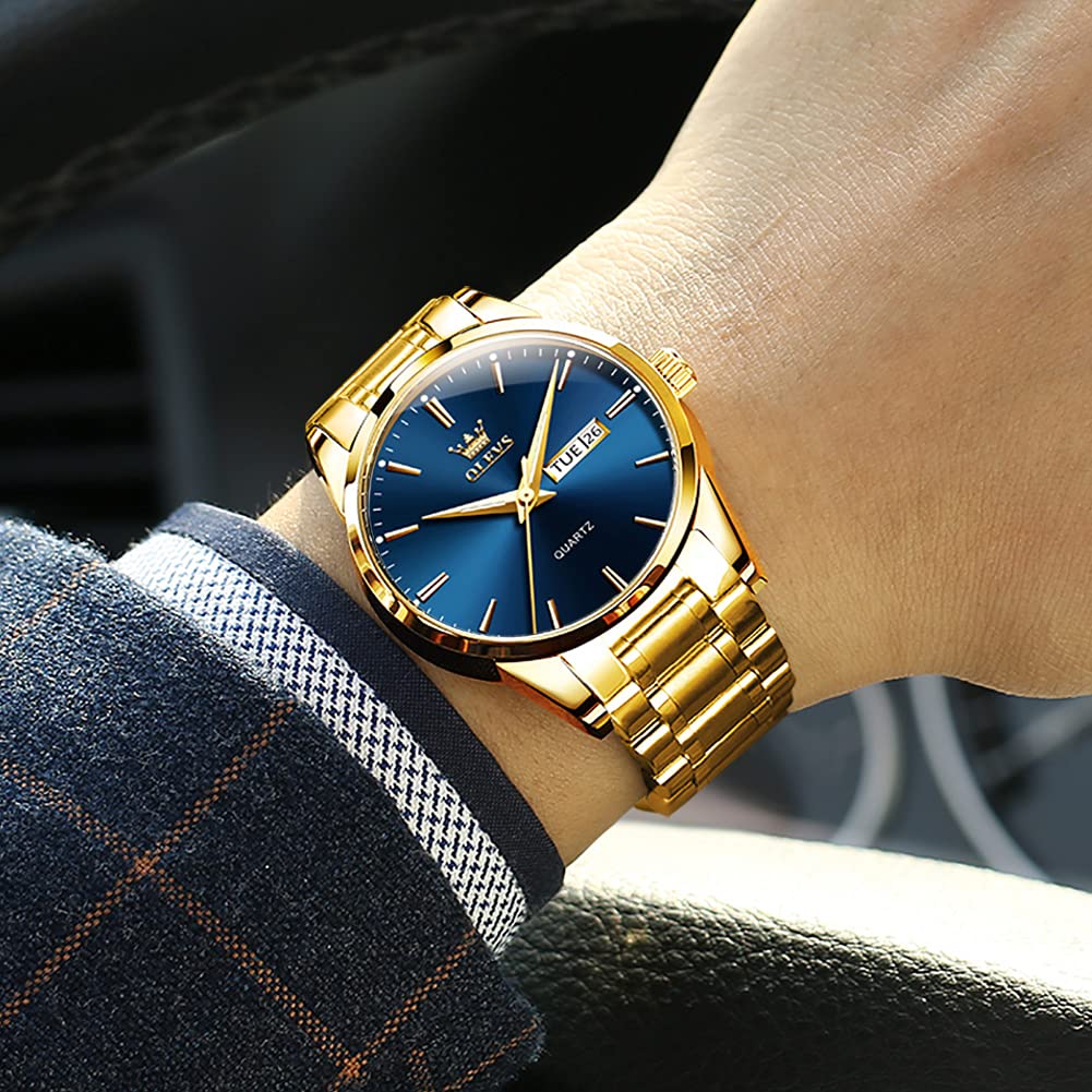 OLEVS Gold Steel Watches for Men,Day Date Watches Men Gold,Mens Watch Blue Dial,Gold Watch Men with Day,Mens Watch,Dress Waterproof Men Watches,Luminous Men Watch,Classic Watch for Men - Image 2