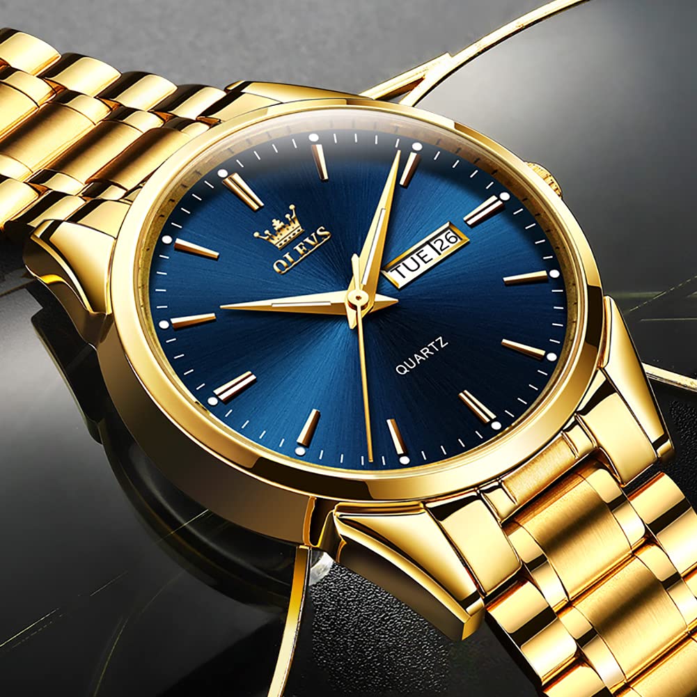 OLEVS Gold Steel Watches for Men,Day Date Watches Men Gold,Mens Watch Blue Dial,Gold Watch Men with Day,Mens Watch,Dress Waterproof Men Watches,Luminous Men Watch,Classic Watch for Men - Image 3
