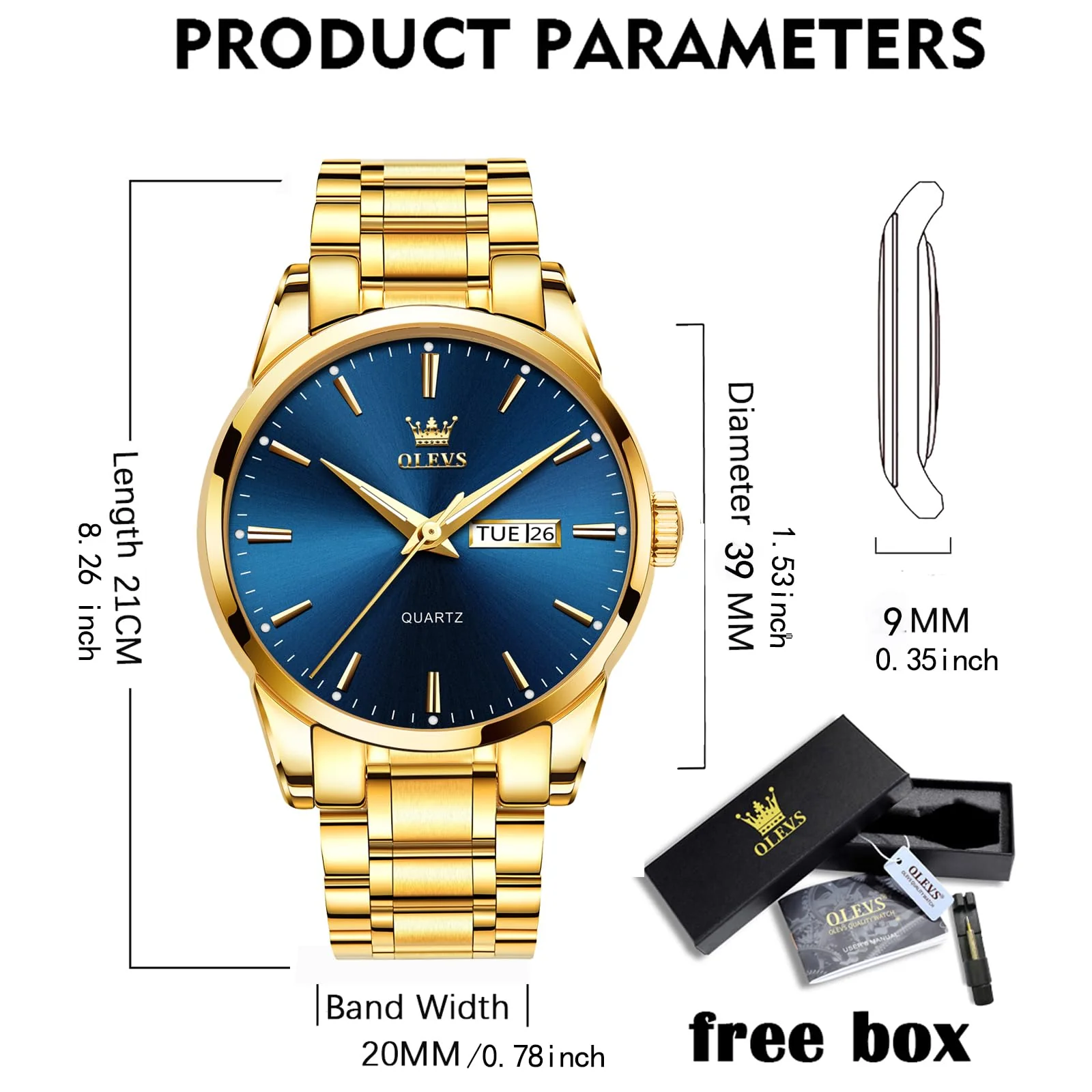 OLEVS Gold Steel Watches for Men,Day Date Watches Men Gold,Mens Watch Blue Dial,Gold Watch Men with Day,Mens Watch,Dress Waterproof Men Watches,Luminous Men Watch,Classic Watch for Men - Image 4