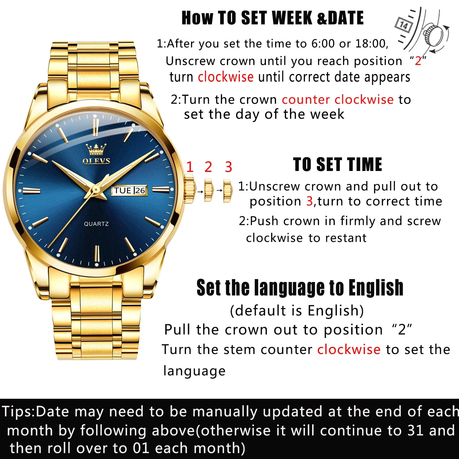 OLEVS Gold Steel Watches for Men,Day Date Watches Men Gold,Mens Watch Blue Dial,Gold Watch Men with Day,Mens Watch,Dress Waterproof Men Watches,Luminous Men Watch,Classic Watch for Men - Image 5