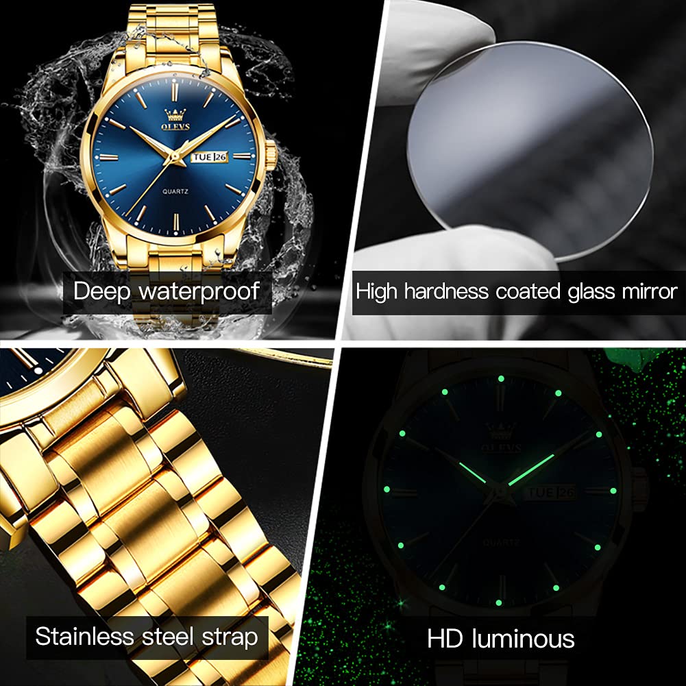 OLEVS Gold Steel Watches for Men,Day Date Watches Men Gold,Mens Watch Blue Dial,Gold Watch Men with Day,Mens Watch,Dress Waterproof Men Watches,Luminous Men Watch,Classic Watch for Men - Image 7