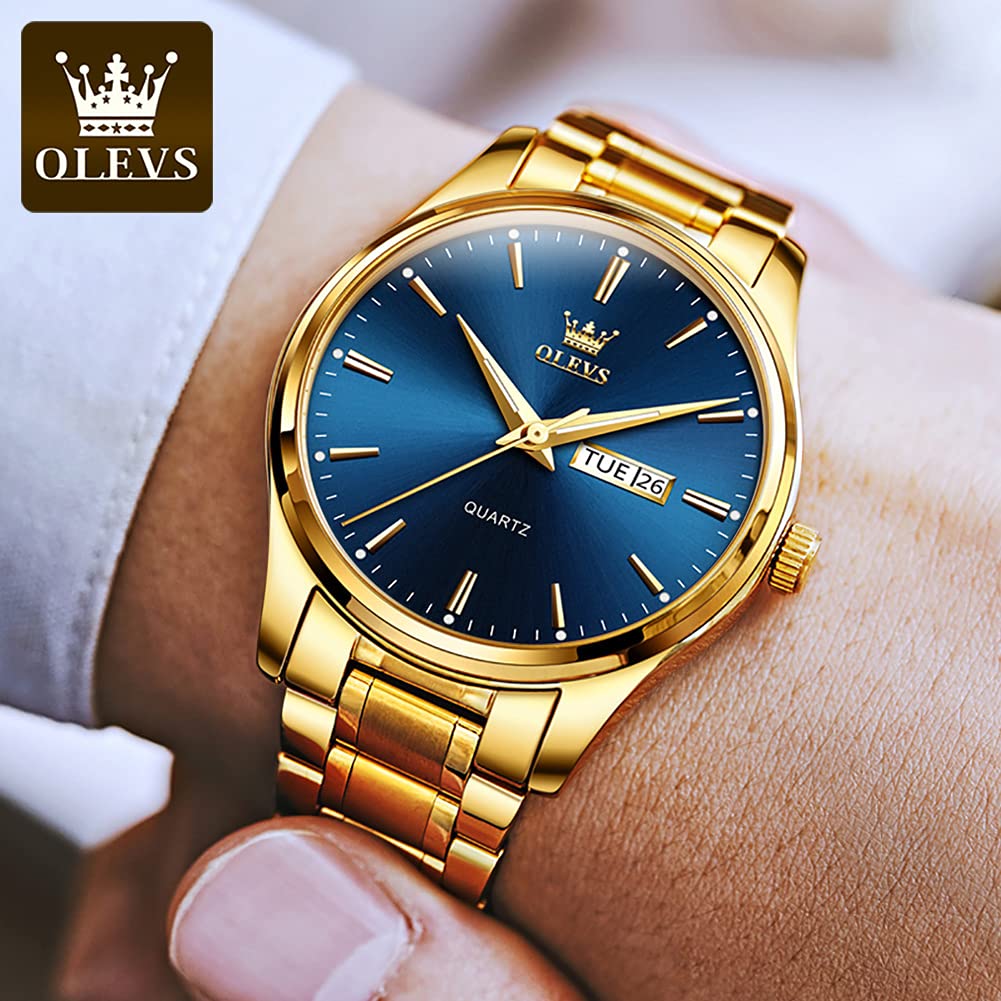 OLEVS Gold Steel Watches for Men,Day Date Watches Men Gold,Mens Watch Blue Dial,Gold Watch Men with Day,Mens Watch,Dress Waterproof Men Watches,Luminous Men Watch,Classic Watch for Men - Image 9