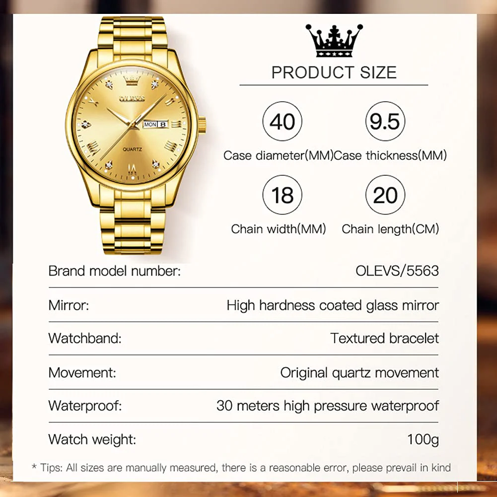 OLEVS Gold Watches for Men,Fashion Men Wrist Watches with Day Date,Diamond Watches Men,Gold Stainless Steel Analog Man Watch Waterproof,reloj de Hombre,Large Face Mens Dress Watch Luminous, Watch Men - Image 5
