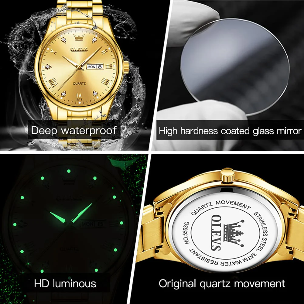 OLEVS Gold Watches for Men,Fashion Men Wrist Watches with Day Date,Diamond Watches Men,Gold Stainless Steel Analog Man Watch Waterproof,reloj de Hombre,Large Face Mens Dress Watch Luminous, Watch Men - Image 7