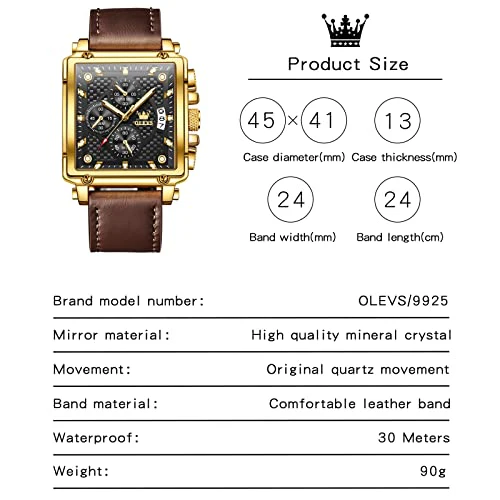 OLEVS Large Face Watches for Men Black Dial Square Quartz Chronograph Watch Brown Leather Mens Watches Waterproof Luxury Men's Wrist Watches - Image 2