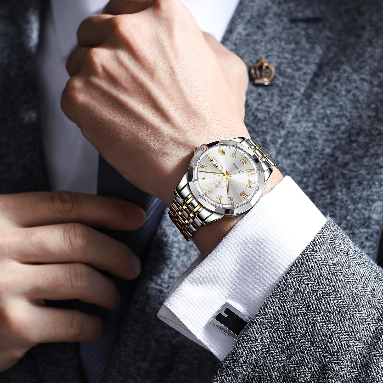 OLEVS Large Face Watches for Men Gold and Silver Stainless Steel Mens Watches Luxury Analog Watches Two Tone Big Men Wrist Watches Waterproof Luminous Classic Man Watch Day Date Watches for Men Reloj - Image 8