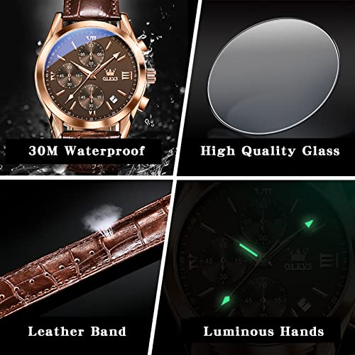 OLEVS Mens Watches Chronograph Luxury Dress Mens Leather Watch Brown Dial Casual Waterproof Watches for Men Relojes para Hombres - Image 3