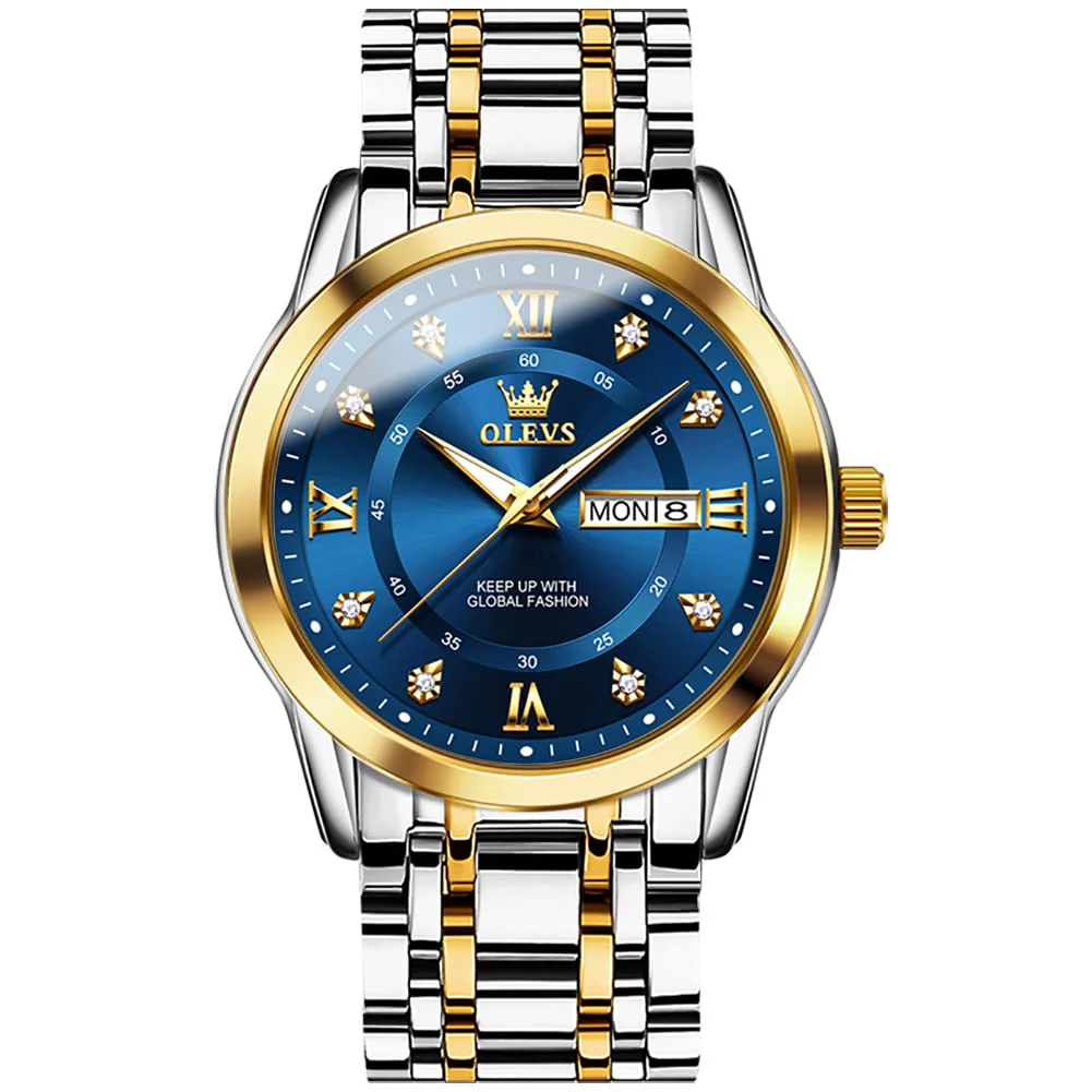OLEVS Men's Watches Gold and Blue Mens Watches Luxury Dress Watches for Men Classic Two Tone Mens Wrist Watches Analog Quartz Watches Mens Waterproof Stainless Steel Watches Reloj para Hombre - Image 2