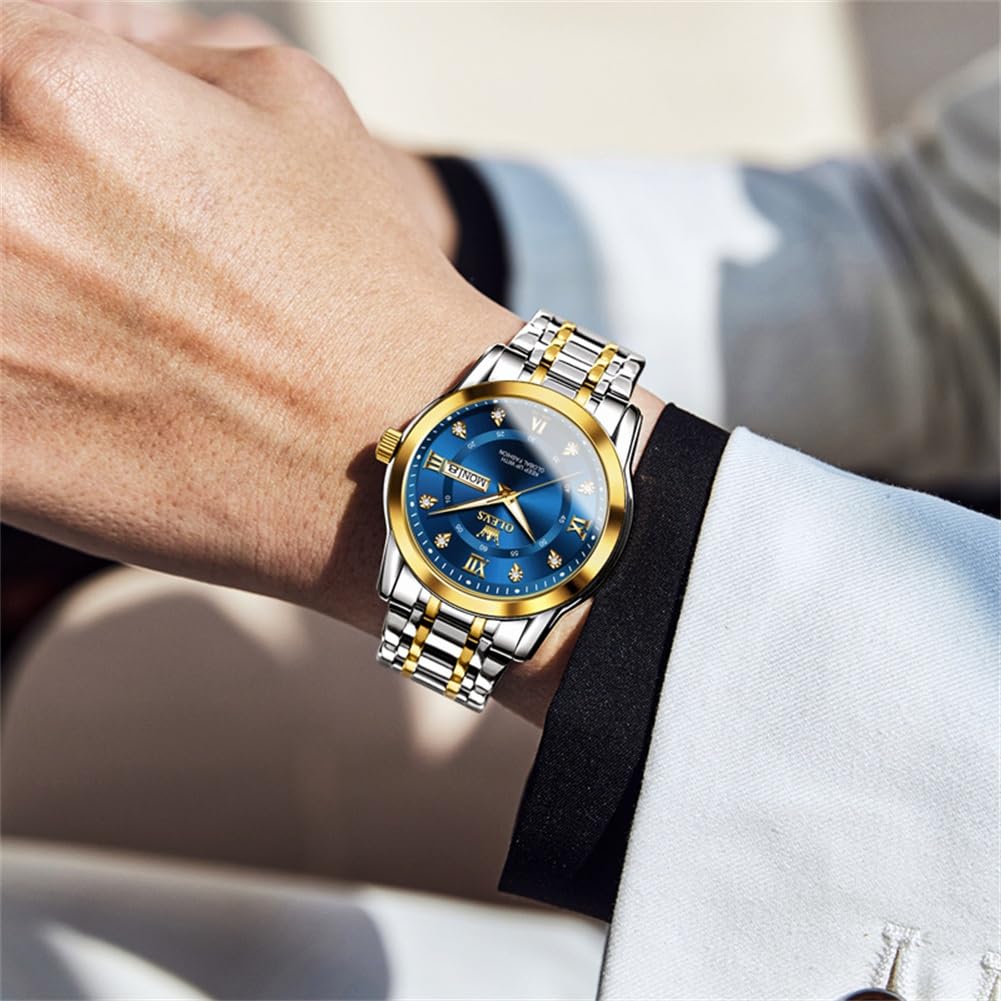 OLEVS Men's Watches Gold and Blue Mens Watches Luxury Dress Watches for Men Classic Two Tone Mens Wrist Watches Analog Quartz Watches Mens Waterproof Stainless Steel Watches Reloj para Hombre - Image 3