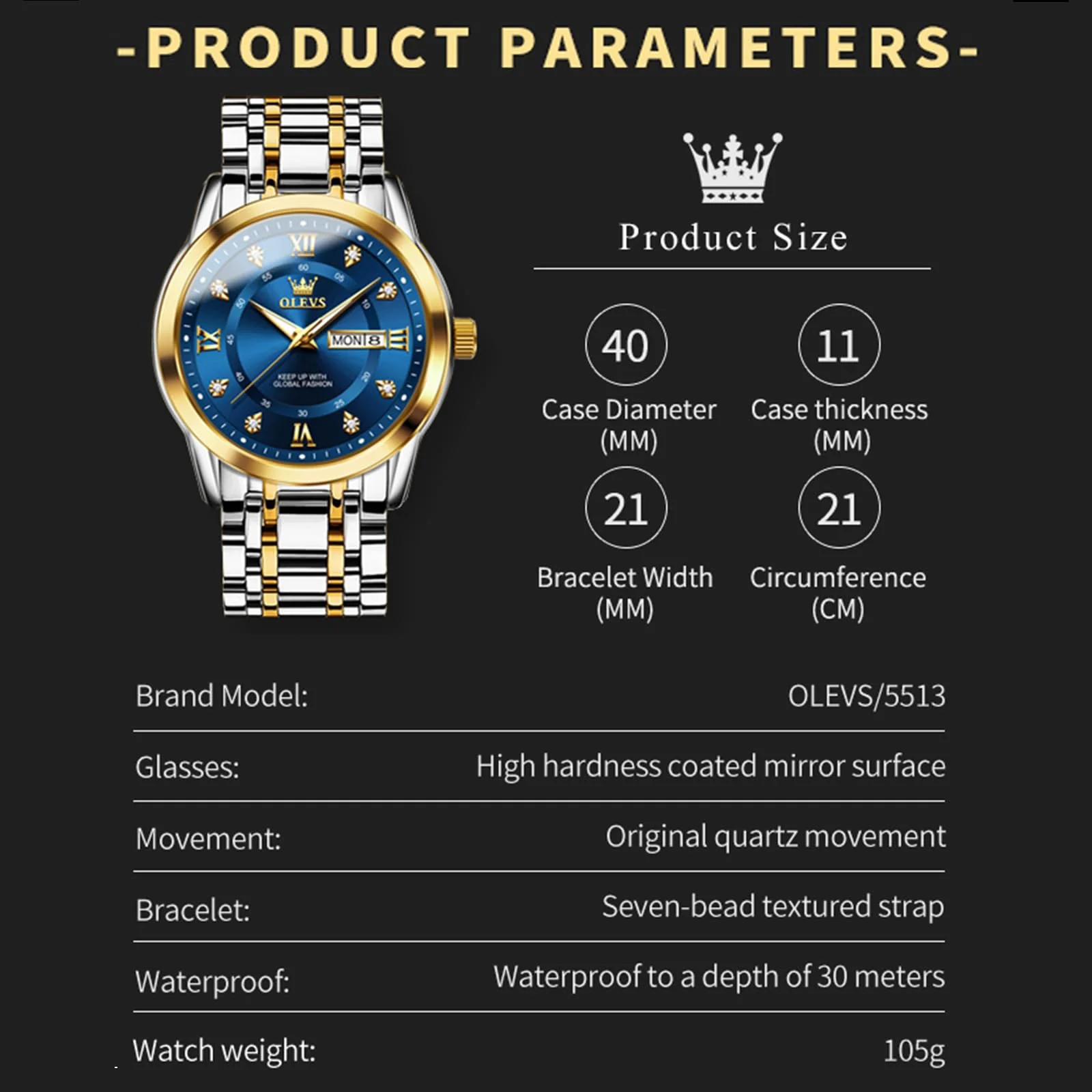 OLEVS Men's Watches Gold and Blue Mens Watches Luxury Dress Watches for Men Classic Two Tone Mens Wrist Watches Analog Quartz Watches Mens Waterproof Stainless Steel Watches Reloj para Hombre - Image 4