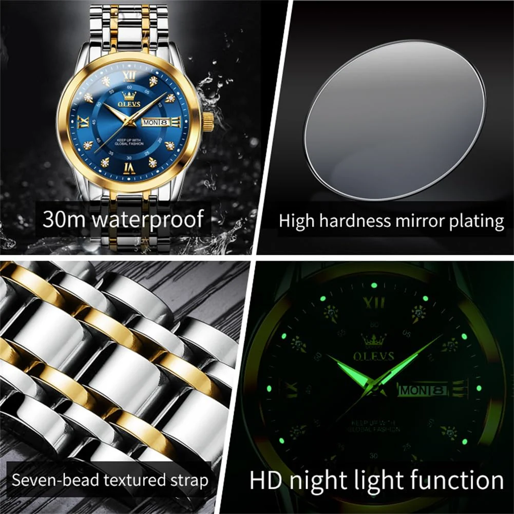 OLEVS Men's Watches Gold and Blue Mens Watches Luxury Dress Watches for Men Classic Two Tone Mens Wrist Watches Analog Quartz Watches Mens Waterproof Stainless Steel Watches Reloj para Hombre - Image 5