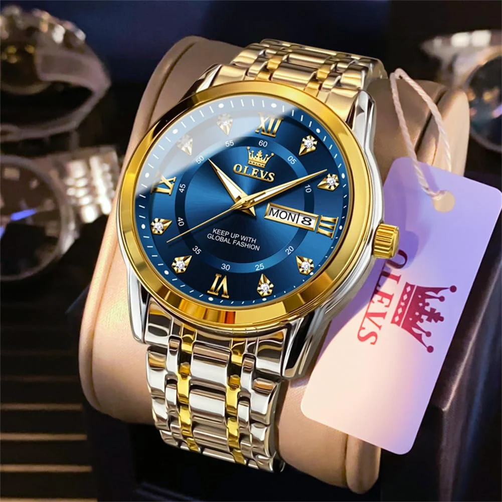 OLEVS Men's Watches Gold and Blue Mens Watches Luxury Dress Watches for Men Classic Two Tone Mens Wrist Watches Analog Quartz Watches Mens Waterproof Stainless Steel Watches Reloj para Hombre - Image 9