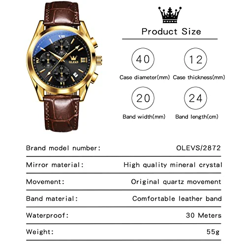 OLEVS Mens Watches Leather Band Luxury Dress Chronograph Watch Casual Waterproof Black and Gold Watches for Men Relojes para Hombres - Image 2