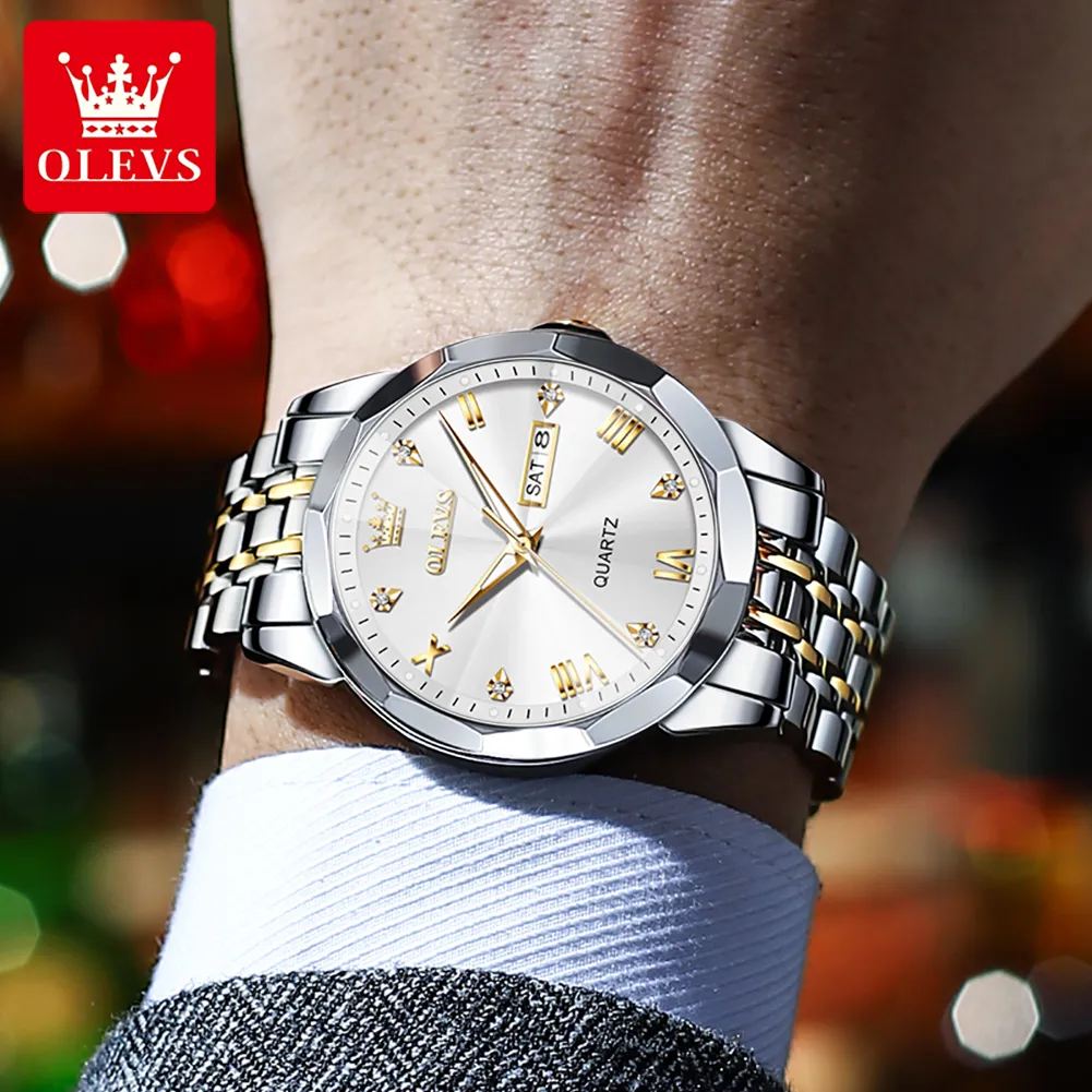 OLEVS Men's Watches Rhombus Mirror Original Quartz Watch for Man Waterproof Luminous Stainless Steel Wristwatch Male Date Week - Image 4