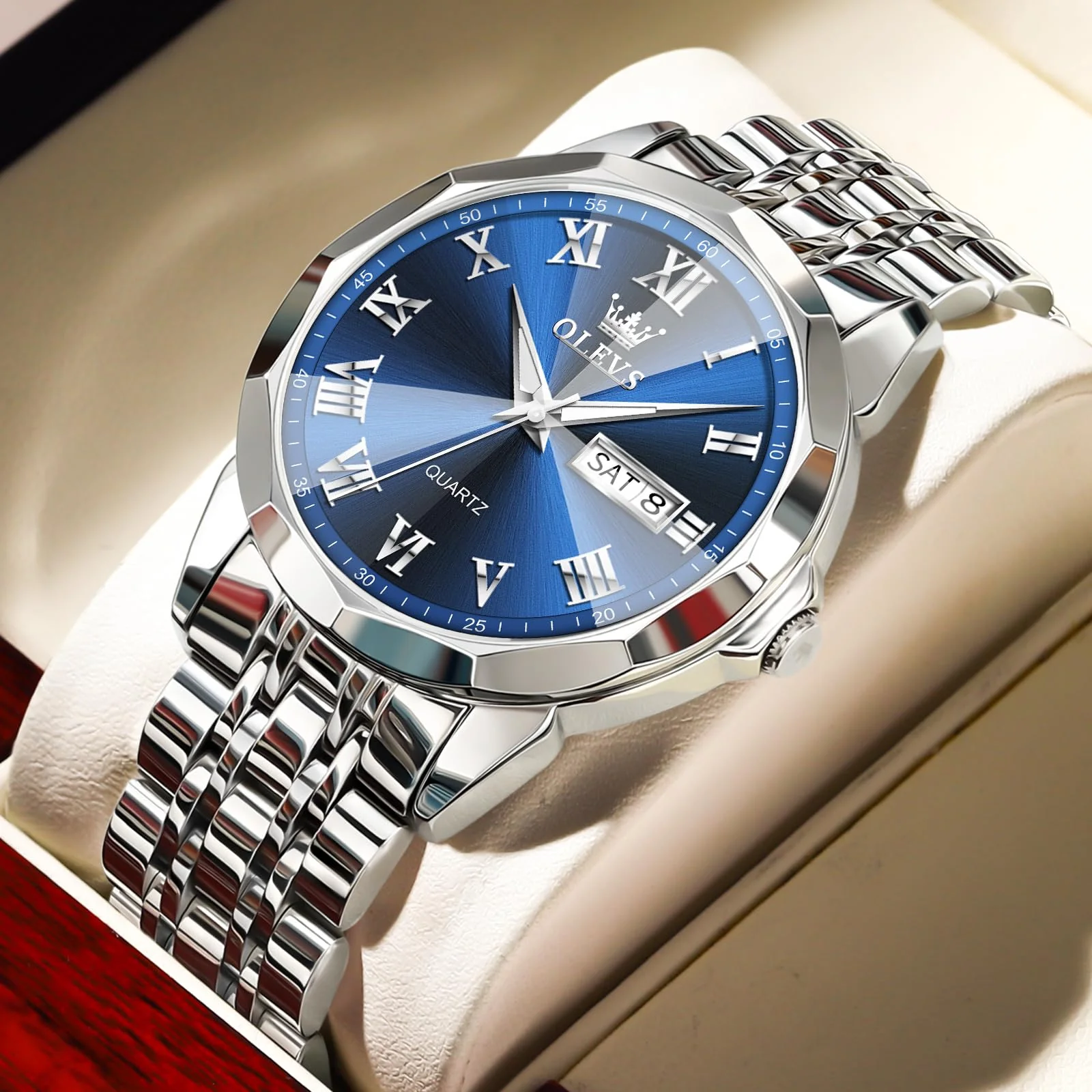 OLEVS Silver Watch Men Blue Face Stainless Steel Big Face Silver Wrist Watches for Men Waterproof Analog Classic Men's Watch with Day Date Mens Dress Watches Fashion Reloj De Hombre Easy to Read - Image 9
