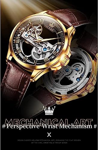 OLEVS Skeleton Watches for Men Automatic Self Winding Mechanical Luxury Dress Brown Leather Waterproof Luminous Men Wrist Watch - Image 2