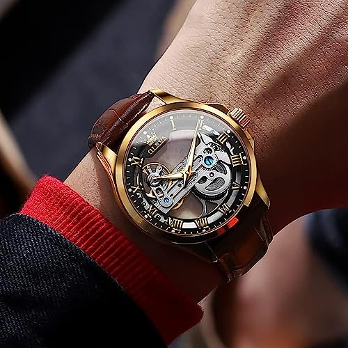 OLEVS Skeleton Watches for Men Automatic Self Winding Mechanical Luxury Dress Brown Leather Waterproof Luminous Men Wrist Watch - Image 3