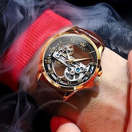 OLEVS Skeleton Watches for Men Automatic Self Winding Mechanical Luxury Dress Brown Leather Waterproof Luminous Men Wrist Watch - Image 4