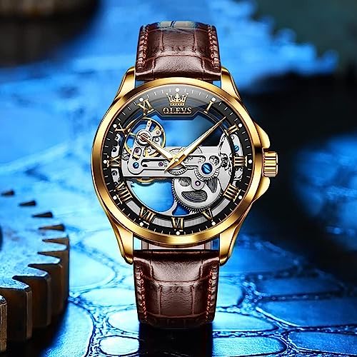 OLEVS Skeleton Watches for Men Automatic Self Winding Mechanical Luxury Dress Brown Leather Waterproof Luminous Men Wrist Watch - Image 5