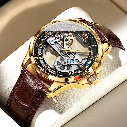 OLEVS Skeleton Watches for Men Automatic Self Winding Mechanical Luxury Dress Brown Leather Waterproof Luminous Men Wrist Watch - Image 6
