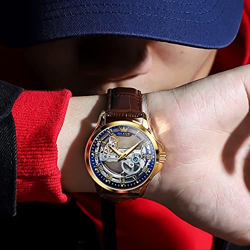 OLEVS Skeleton Watches for Men Automatic Self Winding Mechanical Luxury Dress Brown Leather Waterproof Luminous Men Wrist Watch - Image 3