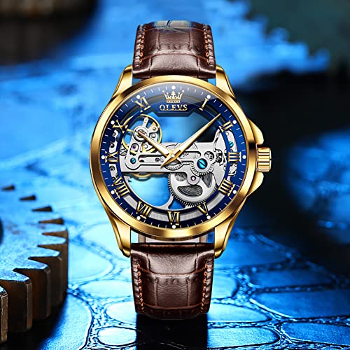 OLEVS Skeleton Watches for Men Automatic Self Winding Mechanical Luxury Dress Brown Leather Waterproof Luminous Men Wrist Watch - Image 5