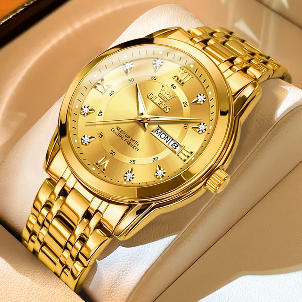 OLEVS Watch for Men Luxury Gold Mens Watch with Day and Date Waterproof Gold Stainless Steel Men's Watch Diamond Roman Numerals Dress Men's Wrist Watches Analog Quartz Watch Men,Reloj de Hombre - Image 3