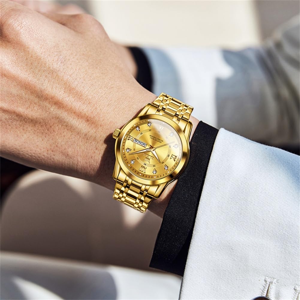 OLEVS Watch for Men Luxury Gold Mens Watch with Day and Date Waterproof Gold Stainless Steel Men's Watch Diamond Roman Numerals Dress Men's Wrist Watches Analog Quartz Watch Men,Reloj de Hombre - Image 4