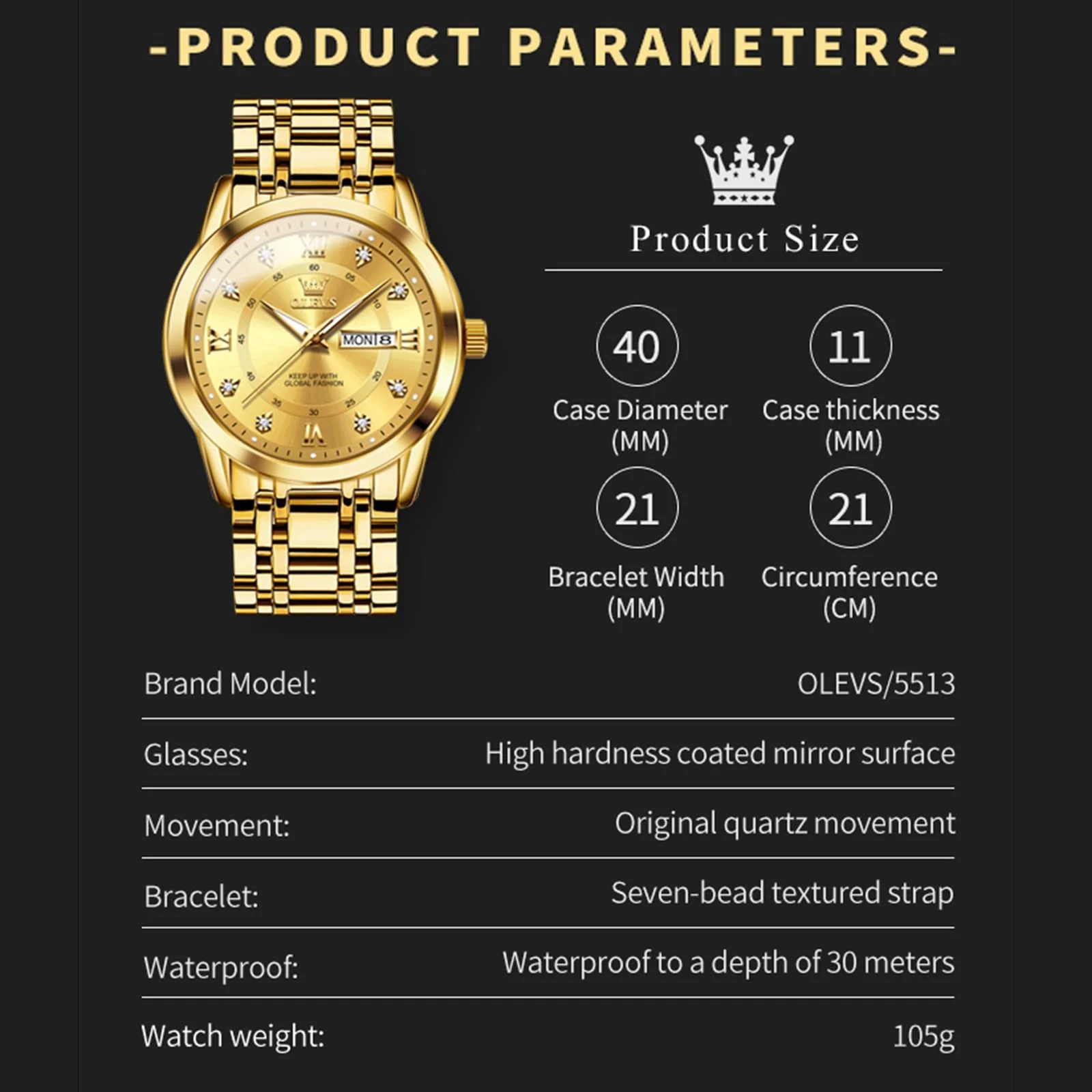 OLEVS Watch for Men Luxury Gold Mens Watch with Day and Date Waterproof Gold Stainless Steel Men's Watch Diamond Roman Numerals Dress Men's Wrist Watches Analog Quartz Watch Men,Reloj de Hombre - Image 5