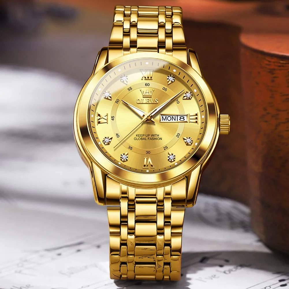 OLEVS Watch for Men Luxury Gold Mens Watch with Day and Date Waterproof Gold Stainless Steel Men's Watch Diamond Roman Numerals Dress Men's Wrist Watches Analog Quartz Watch Men,Reloj de Hombre - Image 6