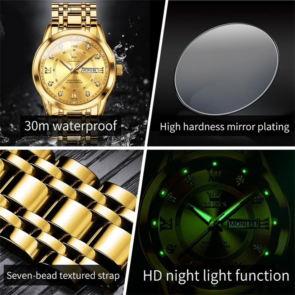 OLEVS Watch for Men Luxury Gold Mens Watch with Day and Date Waterproof Gold Stainless Steel Men's Watch Diamond Roman Numerals Dress Men's Wrist Watches Analog Quartz Watch Men,Reloj de Hombre - Image 7