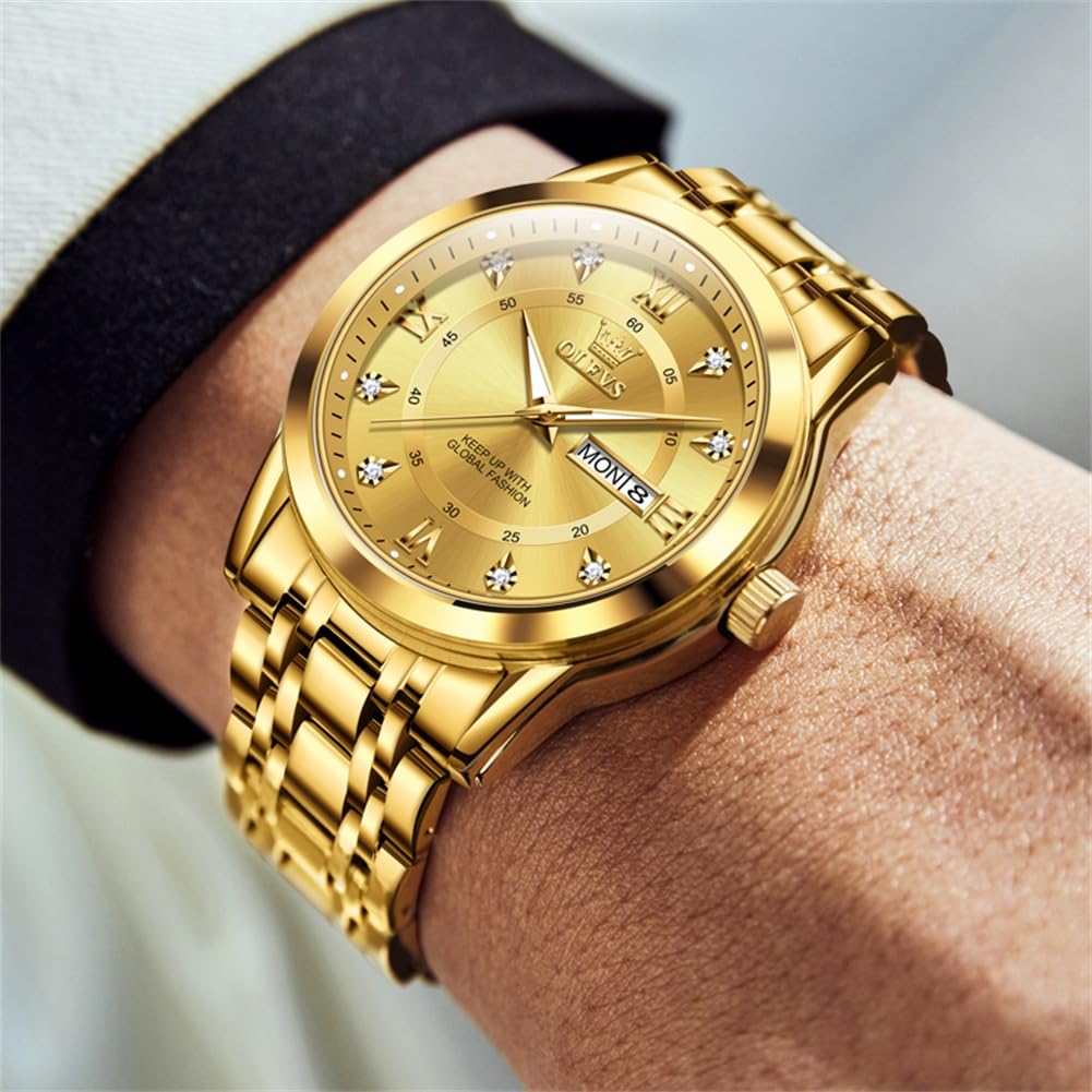 OLEVS Watch for Men Luxury Gold Mens Watch with Day and Date Waterproof Gold Stainless Steel Men's Watch Diamond Roman Numerals Dress Men's Wrist Watches Analog Quartz Watch Men,Reloj de Hombre - Image 8
