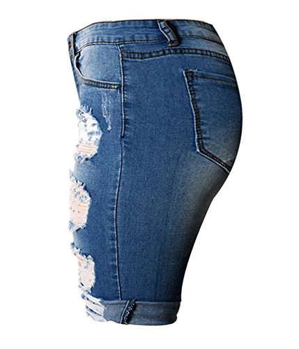 olrain Womens High Waist Ripped Hole Washed Distressed Short Jeans 14 Blue - Image 3