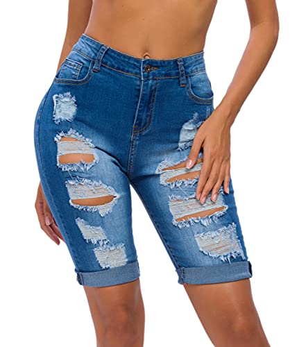 olrain Womens High Waist Ripped Hole Washed Distressed Short Jeans 14 Blue - Image 6