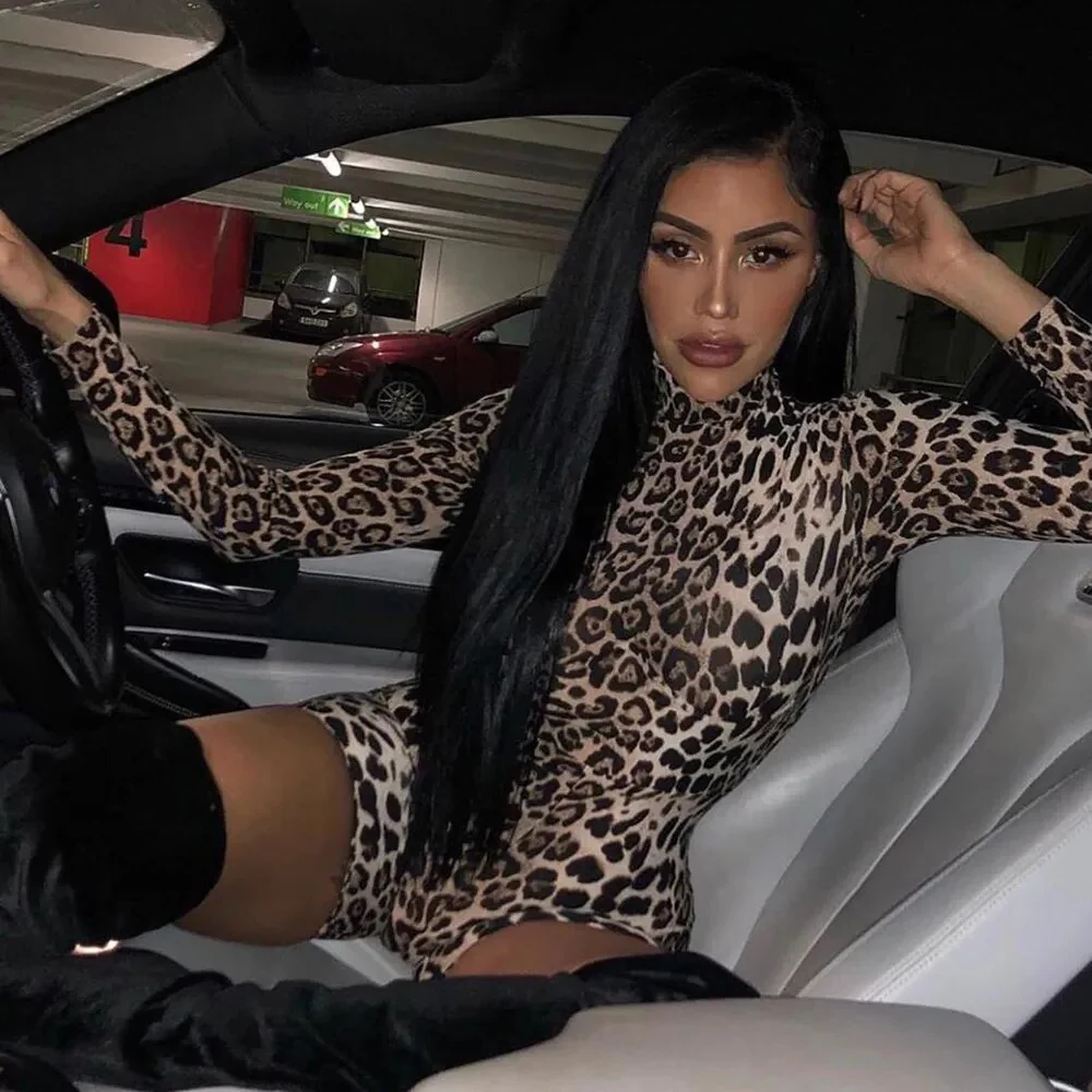 OMSJ 2019 High Quality Autumn Winter Bodycon Playsuits Fitness Casual Biker Jumpsuits Long Sleeve Leopard Print Stretch Rompers - Image 2