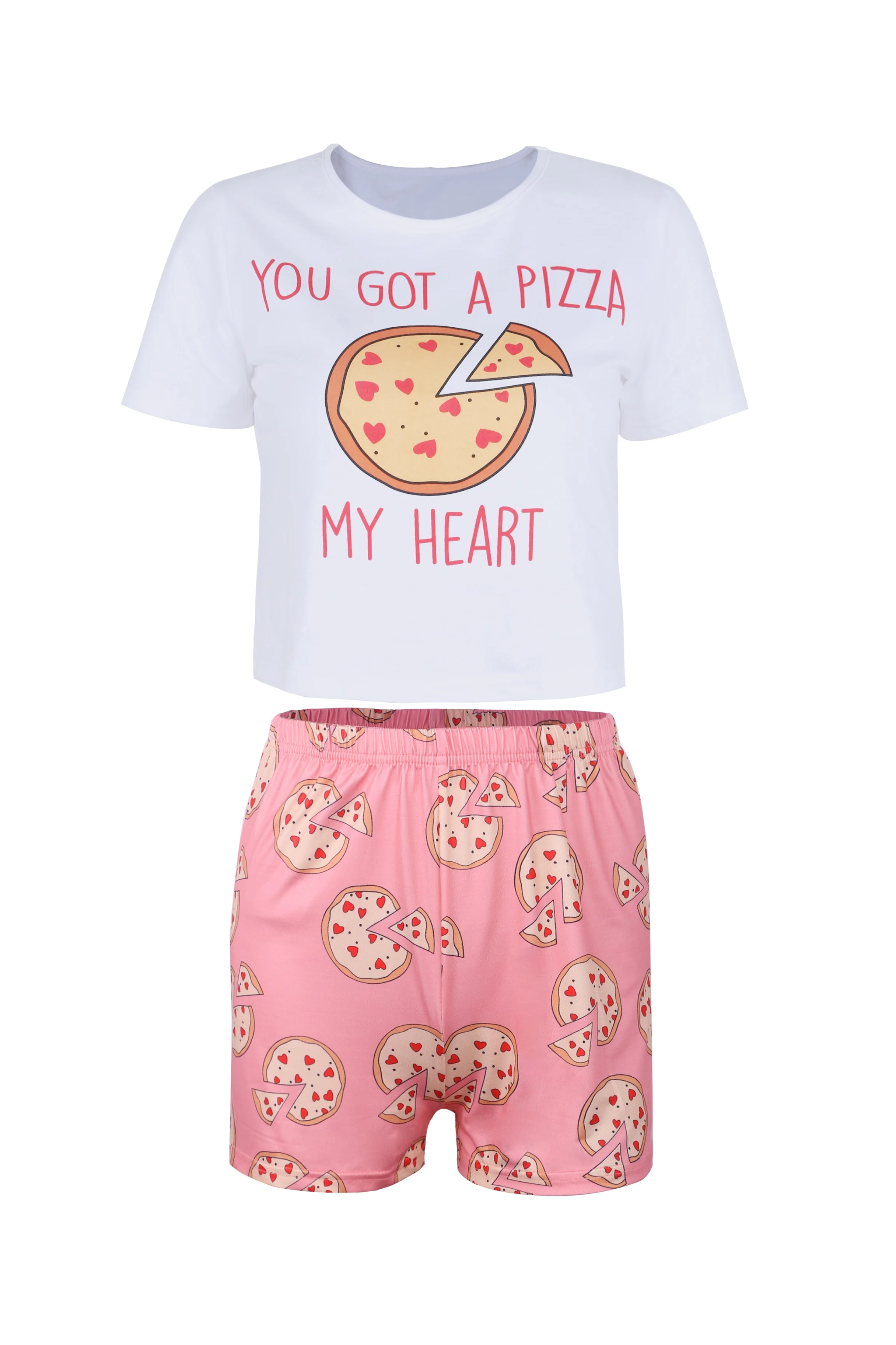 OMSJ 2020 Women Two Piece Set Summer Short Sleeve Crop Top and Shorts Pizza Pattern Print Matching Suit Lady Lounge Wear Outfits - Image 5