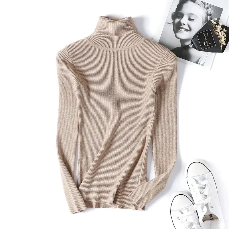 On Sale Autumn Winter Women Long Sleeve Knitted Foldover Turtleneck Ribbed Pull Sweater Soft Warm Femme Jumper Pullover Clothes - Image 7