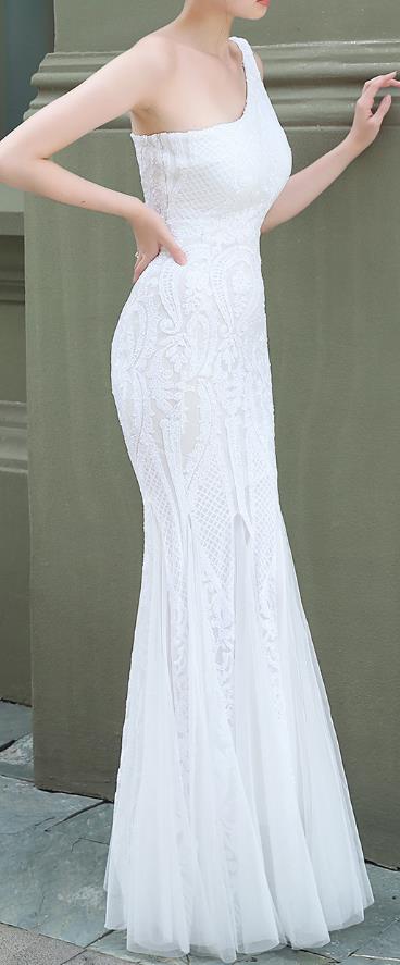 One Shoulder Emerald Evening Dresses Green Sequined Long Mermaid Prom Gown Glitter Elegant Party Dress Pattern Lace Formal Dress - Image 4